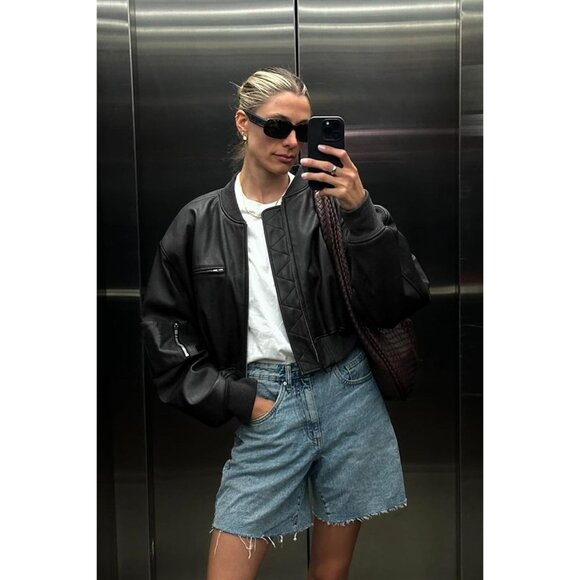 Women Black Faux Leather Cropped Bomber Jacket Baseball Collar Zip Up - Picture 7 of 7